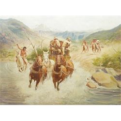 Harry Bishop (British 20th century): The Chase - Cowboys and Indians in the Wild West, oil...