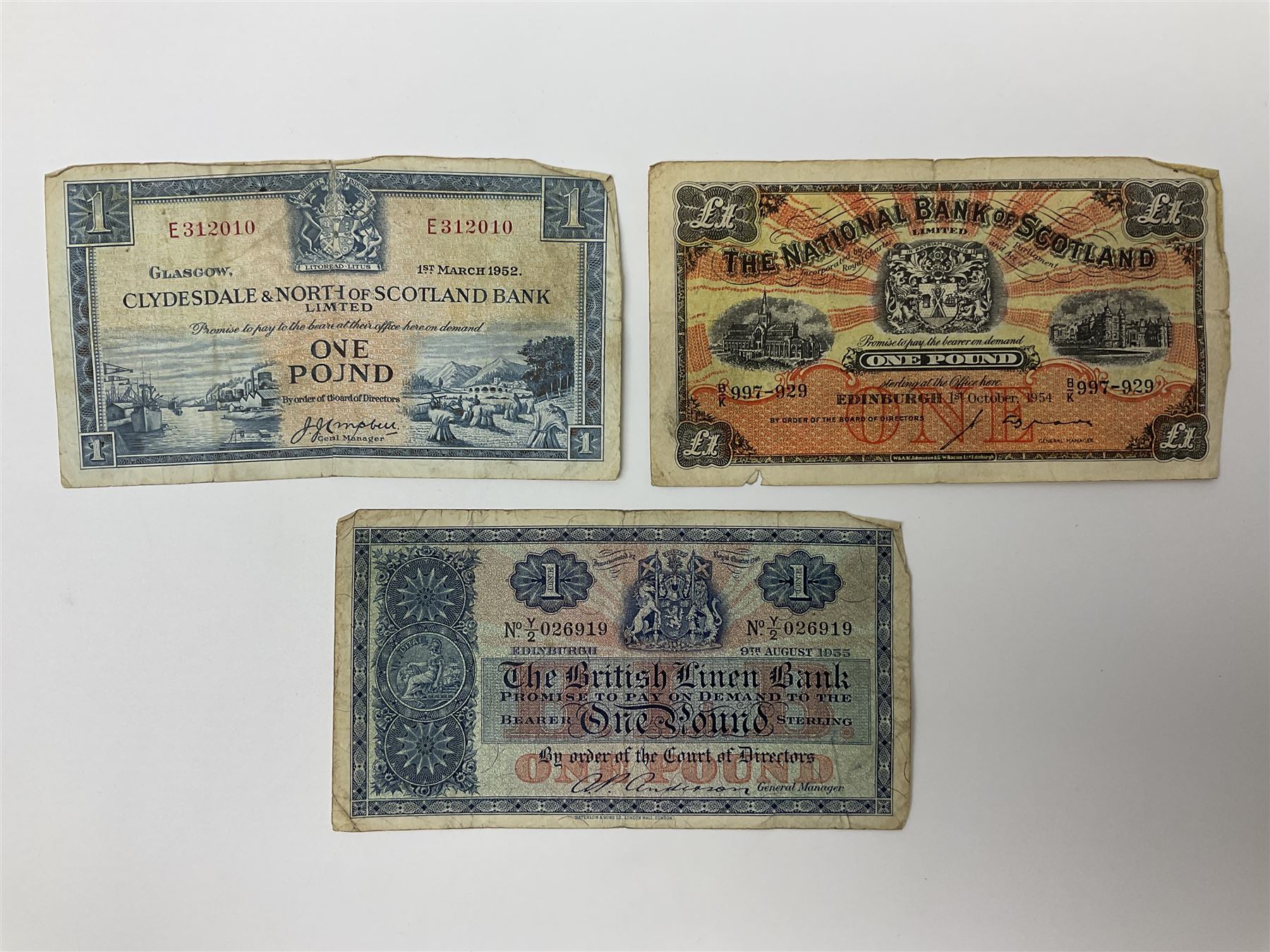Glasgow, Clydesdale and North of Scotland Bank Limited one pound banknote 1st March 1952 ‘E312010’, The National Bank of Scotland Limited one pound 1st October 1954 ‘B/K 997-929’ and Edinburgh The British Linen Bank one pound 9th August 1955 ‘Y/2 026919’