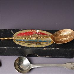 Three George IV silver fiddle pattern teaspoons London 1824, pair of George IV silver condiment spoons, four various silver teaspoons, three Charles Horner thimbles, three other silver thimbles, plated thimbles, two plated decanter labels and a plated Coronation spoon