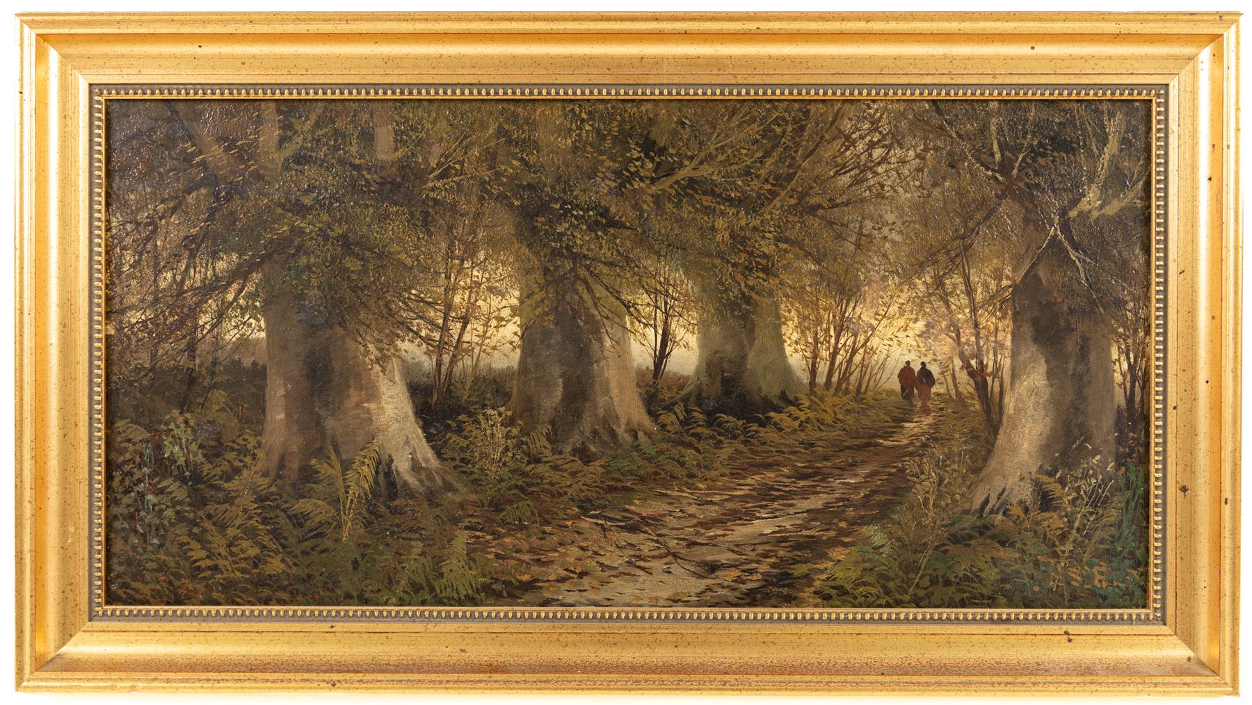 English School (19th/20th century): Figures Strolling Through Dense Forest, pair of oils on canvas indistinctly signed 29cm x 60cm (2)