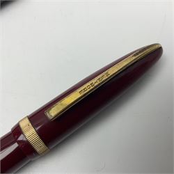 Four fountain pens, each with 14ct gold nibs, comprising Mentmore Paramount, Parker Junior Duofold, Conway Stewart marbleised pen and Waterman's, together with a 14ct gold Conway Stewart 5B nib