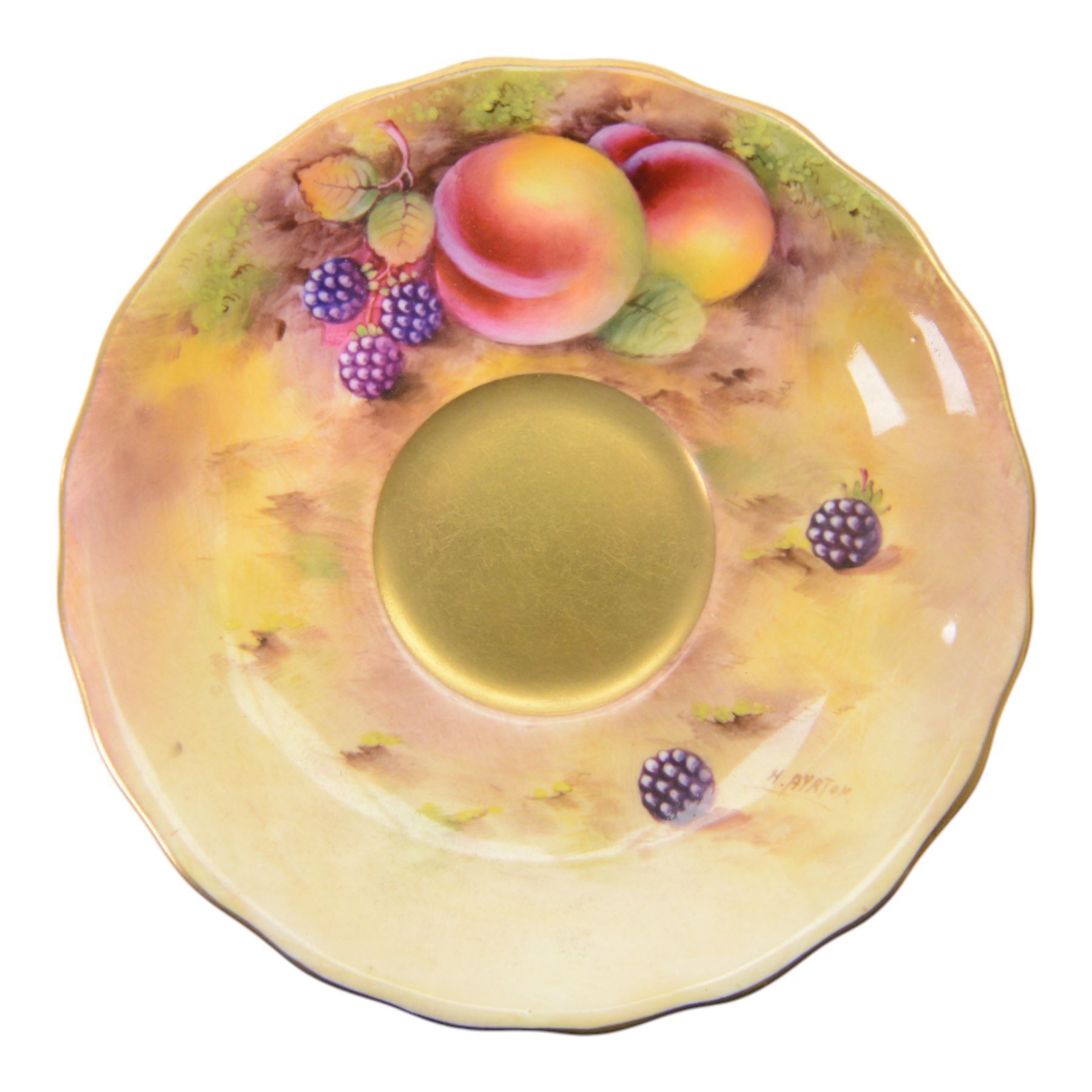 Royal Worcester fruit painted cabinet scallop edge teacup and saucer,  interior hand painted with apples and berries upon a mossy ground, the cup exterior and centre of saucer gilded, cup signed W. Bee and saucer signed H. Ayrton, each with puce coloured printed marks beneath, H8cm