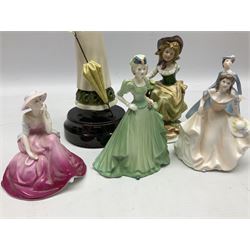 Ten Coalport figures, to include True Love, Springtime, Minuettes Leanne, etc, together with Wedgwood Clarice Cliff coffee can in Brookfields pattern and four other figures 