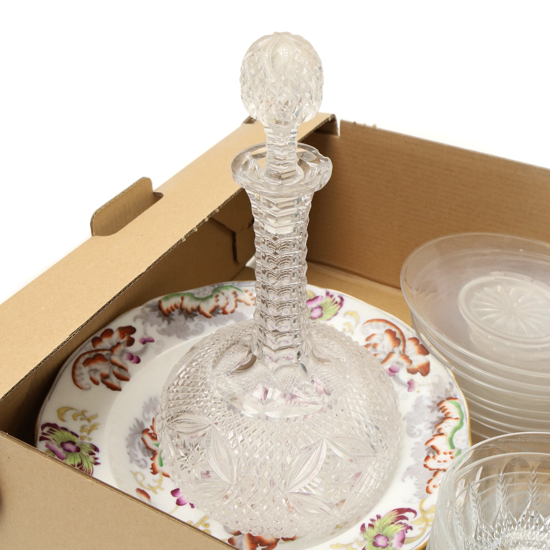 Cut glass sherry decanter, ten glass ice plates, three early Victorian dessert plates decorated with floral sprays, three Victorian soup plates, two Carlton Ware bowls etc