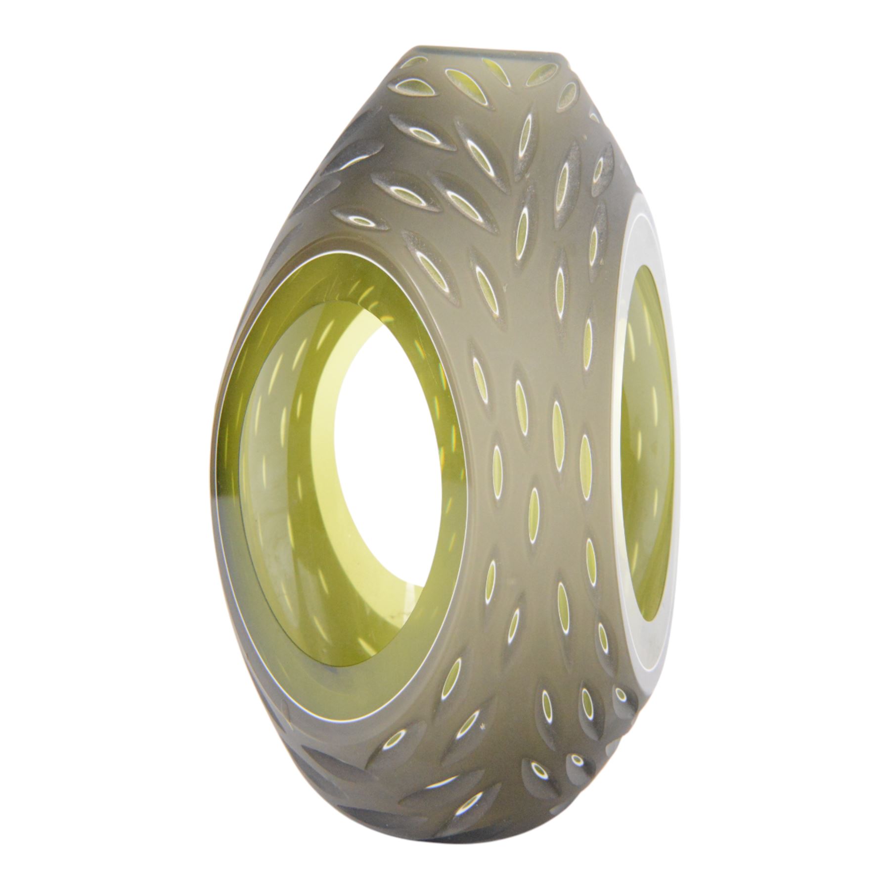 Richie Alli; Diamond cut green glass sculpture, signed to the base, H26cm