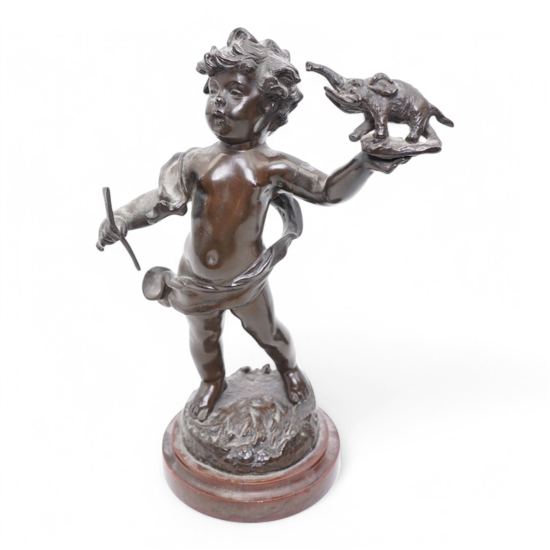 After Rousseau - Pair of bronze figures of cherubs, one holding a toy elephant, the other originally with an artists board on marble bases H23cm