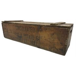 'Consolidated Fruit & Potato Co. (Hull)…' pine storage box with hinged lid (W88cm, H25cm, D29cm); together with a pine pigeon hole wall rack (W101cm, H34cm, D14cm)