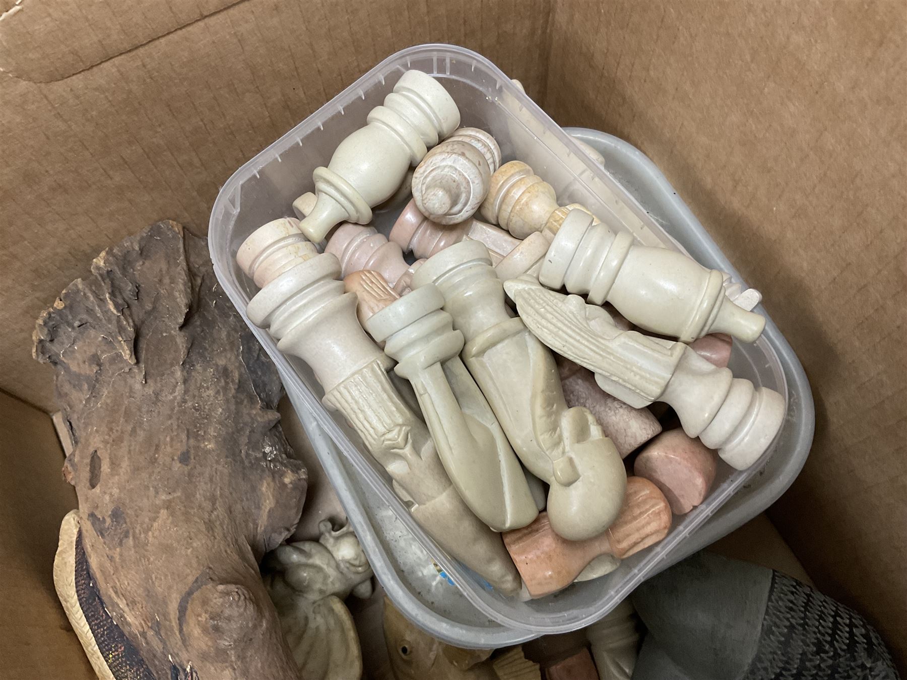 Condenser microphone, together with CD player, carved chess set, wooden figures etc in three boxes  