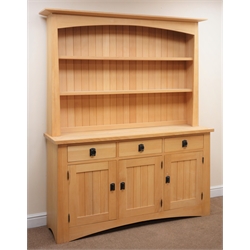  Arts and Crafts style solid beech dresser and two tier rack, projecting cornice, three drawers above three cupboard doors, arched apron and solid end supports, W154cm, H191cm, D43cm  