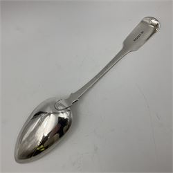 George III Exeter silver Fiddle pattern serving spoon, the terminal engraved with crest of a fist holding an arrow, hallmarked George Turner, Exeter 1816, L29cm