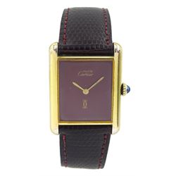 Must de Cartier silver-gilt manual wind wristwatch, burgundy dial, back case No 6 141961, hallmarked, on Cartier burgundy leather strap, with gilt buckle boxed with certificate of origin dated 1981
