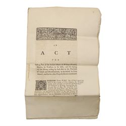 Newby Hall/Weddell family interest - collection of 18th century documents relating to William Weddell Esq of Newby Hall, including manuscript Weddell family pedigree, two printed Acts of Parliament for vesting part of his settled estates in trustees, vellum indentures, trustee appointment and Bank of England receipt, with reference to estates at Hutton, Earswick and elsewhere, dated 1777-1786 (6)