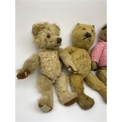 Five English teddy bears 1930s-50s including Chad Valley with swivel jointed head, glass type eyes and vertically stitched nose and mouth and jointed limbs with felt paw pads H14