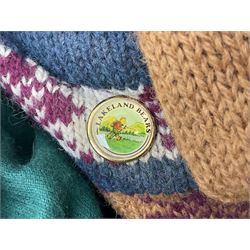 Lakeland Bears teddy bear, titled 'Walkright', dressed as a hiker in green corduroy duffle coat over fair isle jumper, trousers and knit socks, complete with leather clogs with wood soles, walkers thumb stick, knitted scarf, flat cap and rucksack housing original tag and map, H50cm