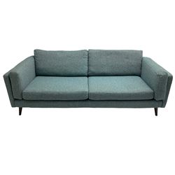 Contemporary large three-seat sofa upholstered in blue textured fabric, on splayed tapering feet