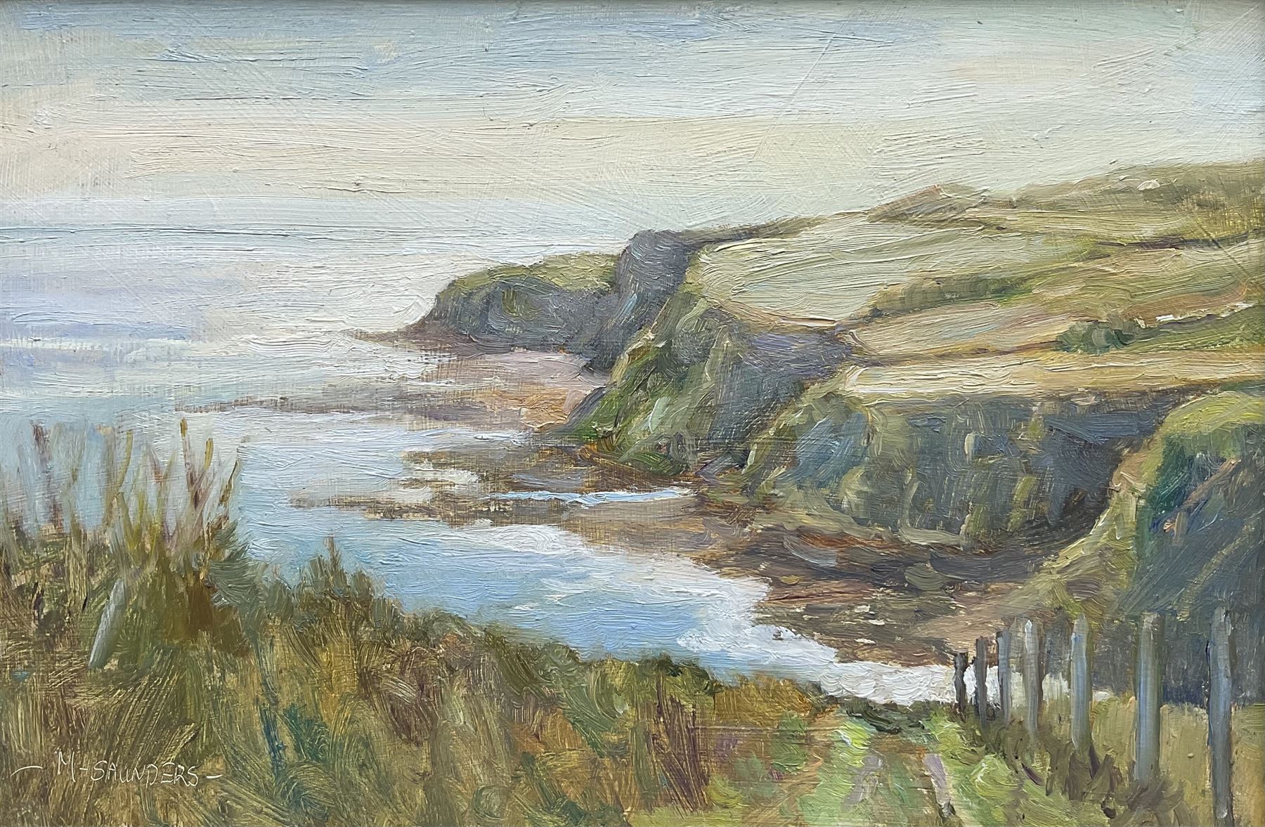 Michelle Saunders (British 1963-): 'Morning Light from Hawsker', oil on board signed, titled on label verso 19cm x 29.5cm 