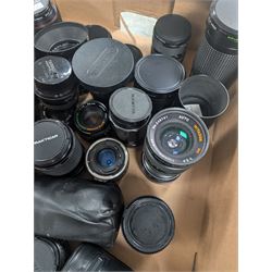 Collection of camera lenses, including and Olympus, Nikon, Sirius, Mamiya, Pentacon, Hanimex etc and Tamron adapters