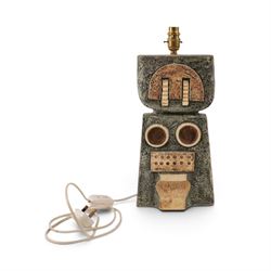 Alison Brigden for Troika - 1970s Cornish studio art pottery double bass lamp, decorated with geometric designs upon a green ground, signed to the base, without fitting H37cm