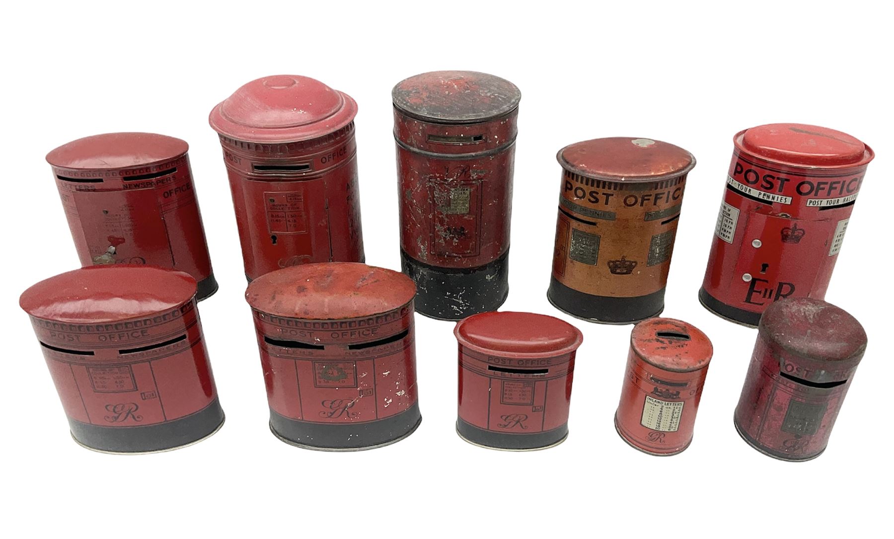 Collection of tin plate money boxes in the form of Royal Mail post boxes, to include four Chad Valley examples, one with key and others similar,  marked VR, GR and ER (10)