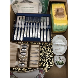  Bewsick biscuit barrel, Portmeirion heart shaped dish, Worcester Casserole dish and dish, Wedgwood basket, Winton bowl, Doulton Xmas plate, Stainless Steel cutlery in case, Dessert knives and forks, Art Nouveau style EPNS cased writing set etc  