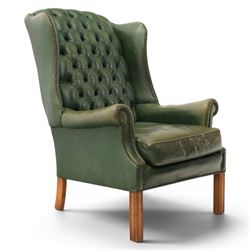 20th century green leather wingback button backed armchair, brass studded trim, with scrol...