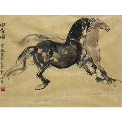 Circle of Xu Beihong (Chinese 1895-1953): Stallions, monochrome watercolour on laid paper signed with artists seal 30cm x 40cm