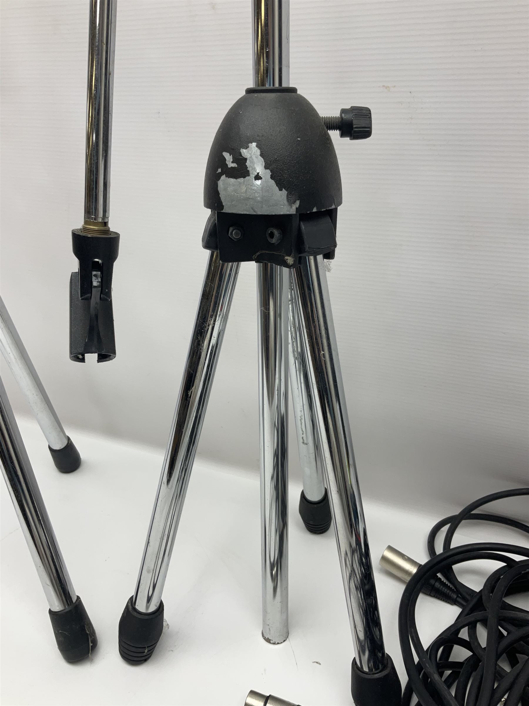 Shure SM58 Dynamic microphone; in original bag with paperwork; Shure Prologue 10H-LC Dynamic microphone; boxed; each with cable and tubular chrome adjustable stand (4)