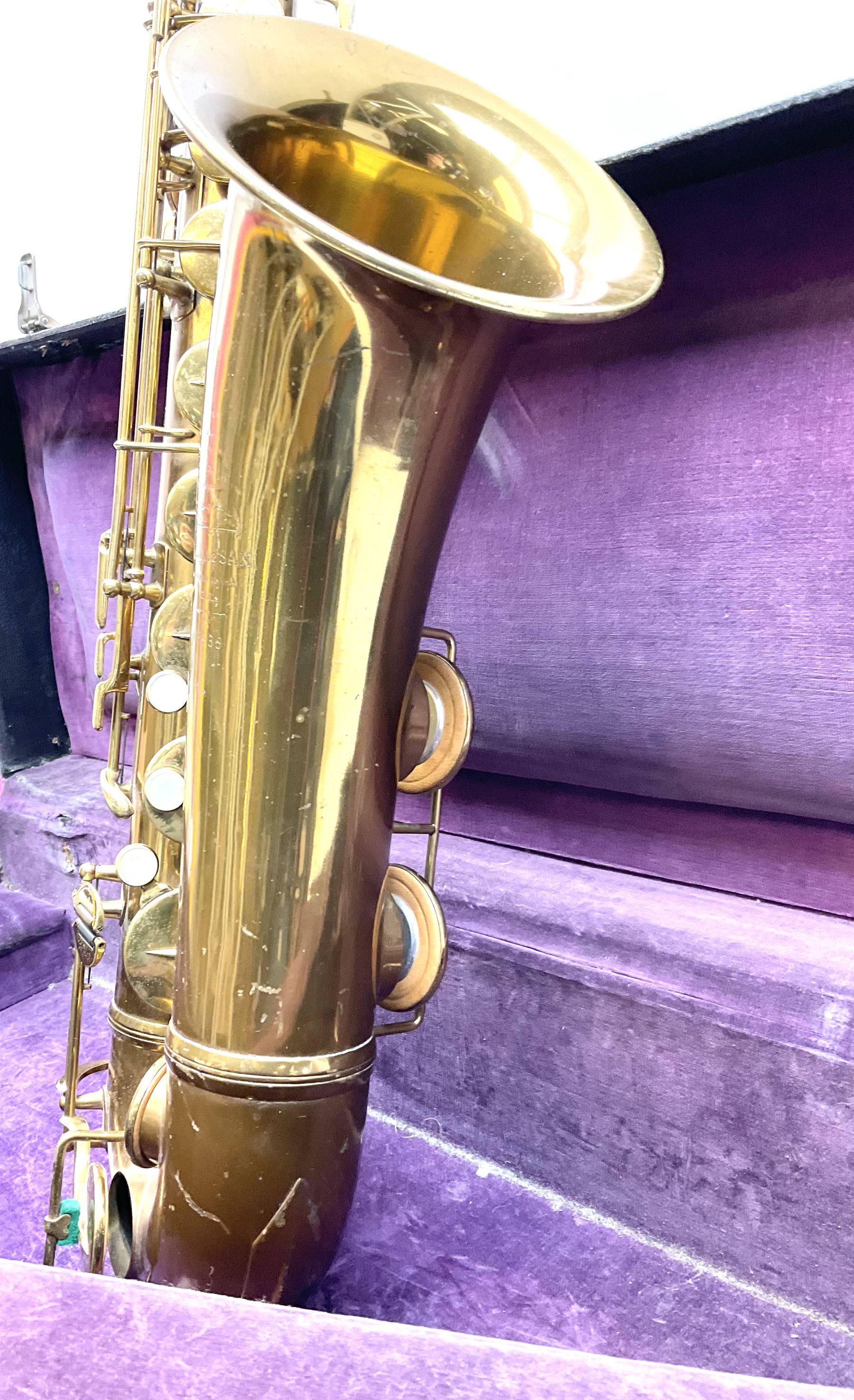 Brass tenor saxophone by Adolphe SAX, 84 Rue Myrha, Paris,  No.938 serial number 12097, H75cm excluding crook; in hard carrying case bearing plaque for Henri Selmer