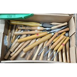 A quantity of chisels including Robert Sorby and Marples, several clamps and other hand tools