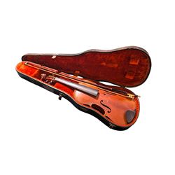 Late 19th century full size German violin with a  Wolff Brothers label, scroll with ebony pegs, finger board and tail piece, in a hard case with bow. Length 60cm

This item has been registered for sale under Section 10 of the APHA Ivory Act