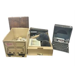 Imperial Model T typewriter in case, two riding helmets, collection of silver plate and a folding wall mirror in wooden frame, etc