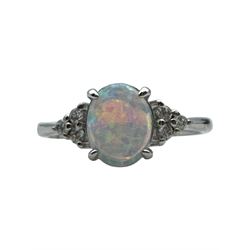 Silver cubic zirconia and opal cluster ring, boxed
