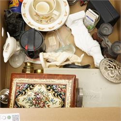 Various collection, including F.Remington's 'Rattlesnake', Royal Doulton Bunnykins plate, bowl mug and egg cup, three Corgi Die-Cast Model cars, Lenox China jewels Collection dolphin, two telescopes,  various local history books on Huddersfield and Yorkshire, Modern Wall Hanging Clan Crest for Elliot etc,  contents in two boxes 
