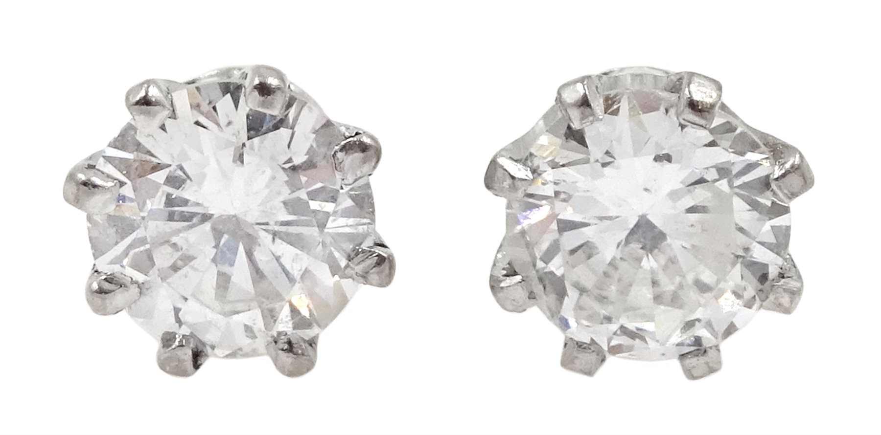 Pair of 18ct white gold round brilliant cut diamond stud earrings, total diamond weight approx 0.80 carat