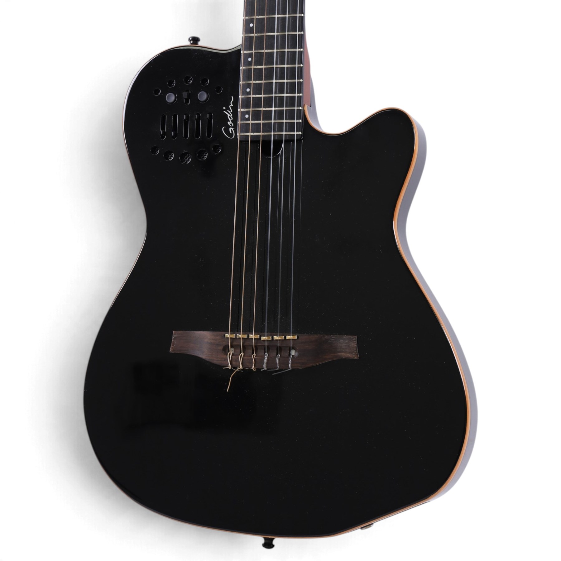Godin Multiac ACS SA chambered hybrid guitar, in black high gloss finish, made in Canada, serial no. 17352113, in fitted soft case, L103cm
