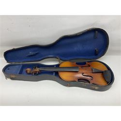 Saxony (?) violin c1950 with 36cm two-piece maple back and ribs and spruce top; bears label 'The Maidstone School Orchestra Association' L59cm overall; and 1950s Czechoslovakian violin for restoration; both in carrying cases (2)