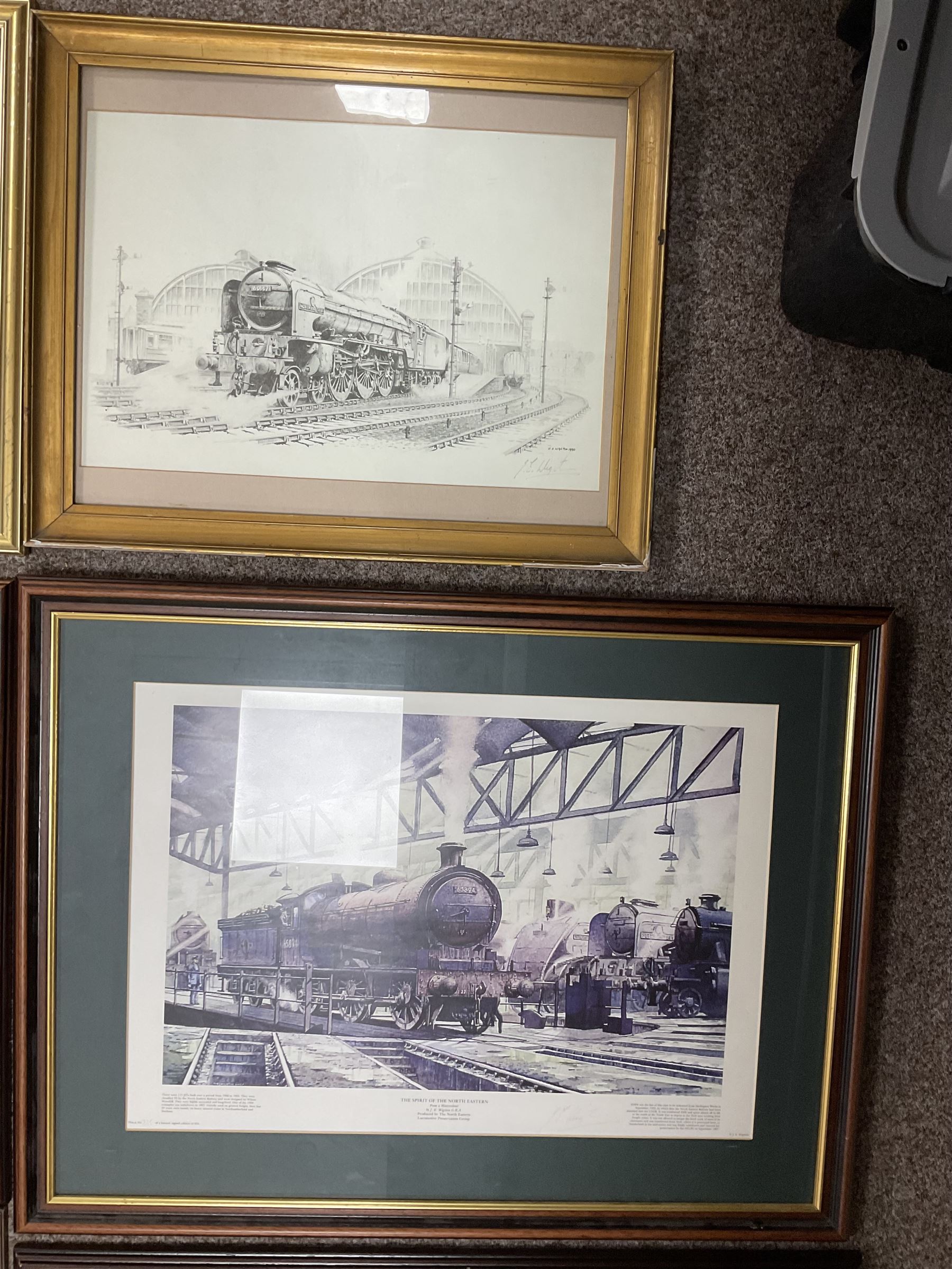 John Edwin Wigston (British 1939-): 'The Spirit of the North Eastern' '60163 Tornado' and four other Railway Prints, black and white and coloured prints signed in pencil max 35cm x 53cm (6)
