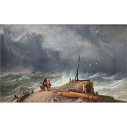 Thomas Sewell Robins (British 1810-1880): Family on the Cliff watching a Ship in Heavy Storm, oil on board signed with initials 31cm x 49cm 
