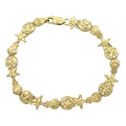 14ct gold shell and starfish link bracelet, stamped 