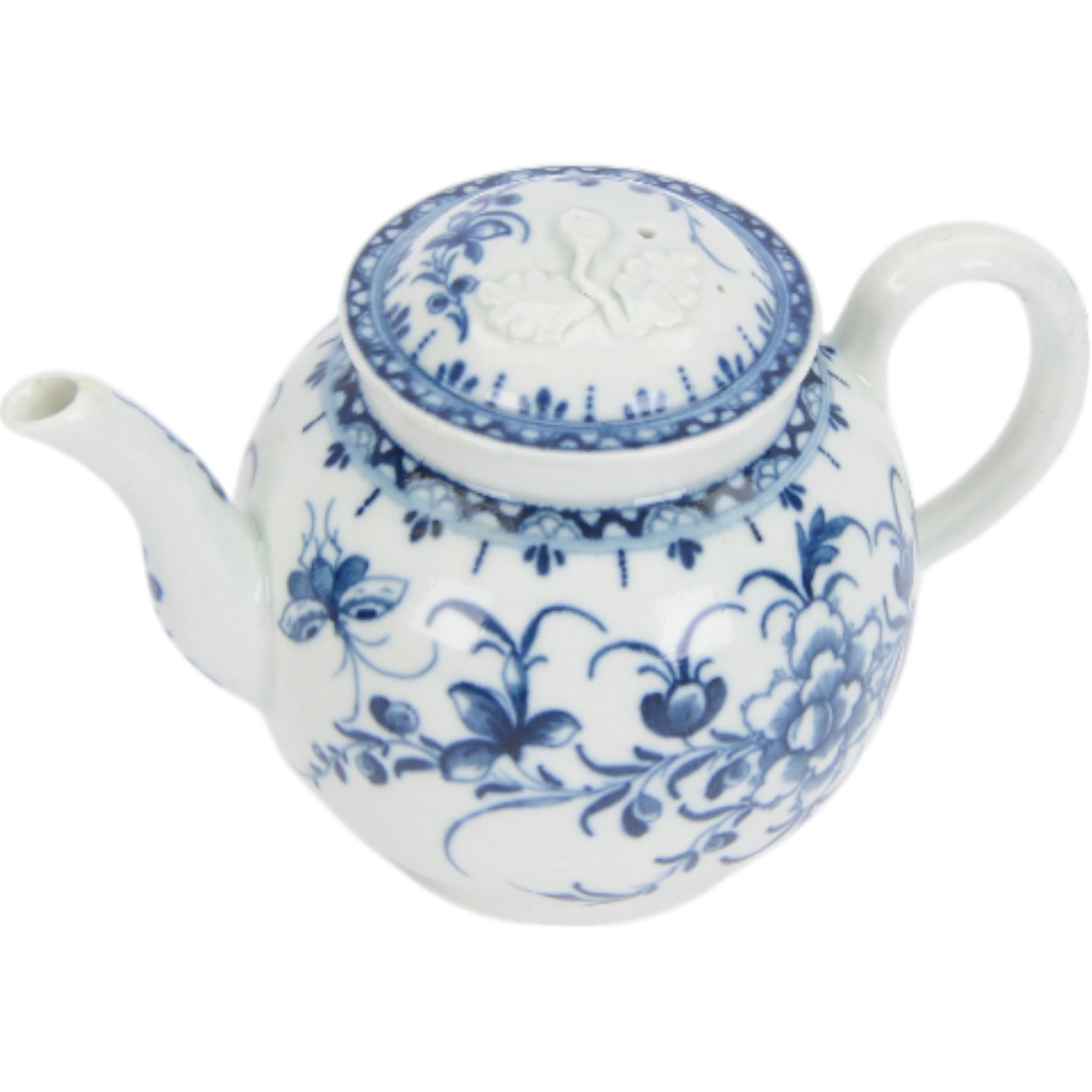 18th century and later English blue and white ceramics, including late 18th century Liverpool bowl with chinoiserie decoration, Worcester teapot decorated with flowering branches, and four leaf bowls, Liverpool bowl D21cm 