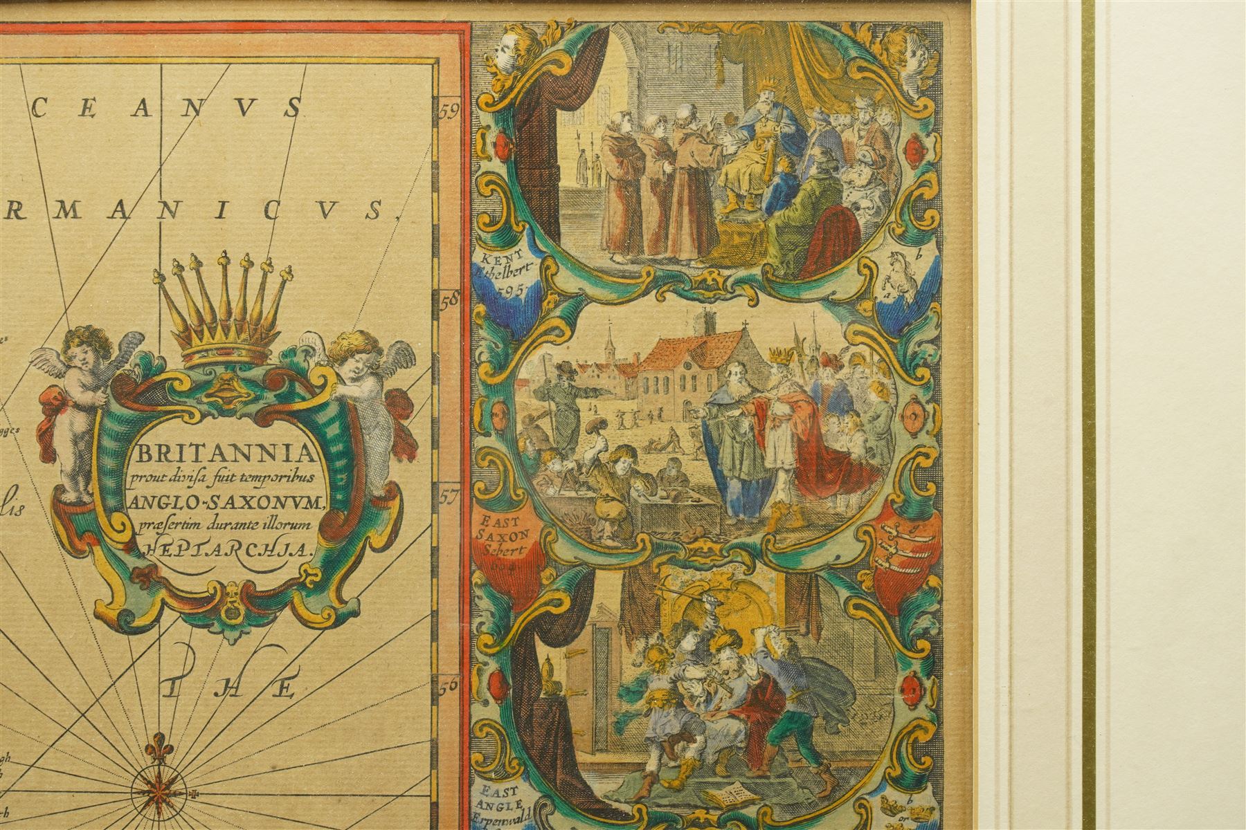 Johannes (Joan) Blaeu (Dutch 1571-1638): 'Britannia Prout Divisa fuit Temporibus Anglo-Saxonum Praesertim Durante Illorum Heptarchia' (Britain as it was Divided During the Anglo-Saxon Times), engraved map of the British Isles with hand-colouring and 14 Dutch style miniature vignettes depicting kings and scenes from Saxon history, later edition 43cm x 54cm