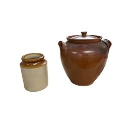 Large Victorian salt glazed jar and cover with twin lug type handles, together with a stoneware open jar, largest example H31.5cm