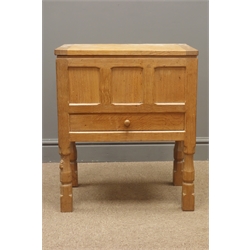  'Mouseman' panelled adzed oak sewing workbox with hinged top, and single fitted drawer, by Robert Thompson of Kilburn, W51cm, H61cm, D33cm  