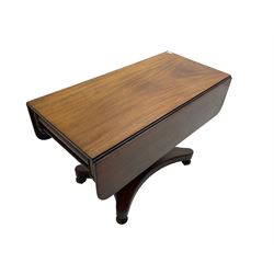 19th century mahogany Pembroke table, rectangular drop leaf top on faceted and carved pedestal, fitted with single end drawer, shaped platform with moulded edge on turned feet