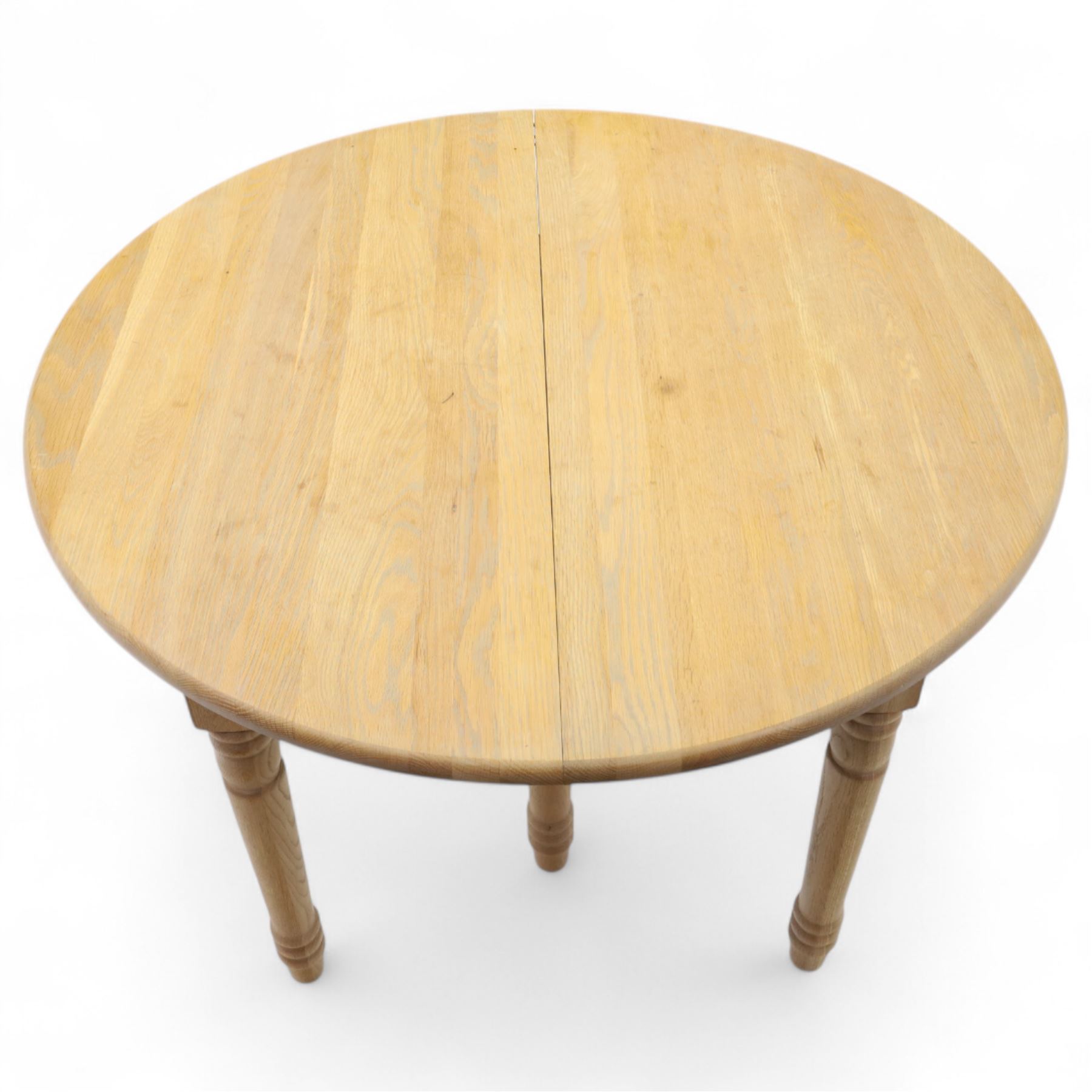 Neptune – Sheldrake limed oak extendable dining table and eight Havan loom chairs, the oval top in limed oak finish with four additional leaves extending the table to seat up to ten (Extends to cm), raised on turned legs with two additional centre supports, the matching Havan loom chairs finished in grey with cream upholstered seat covers (H 95cm, W 47cm, D 55cm)