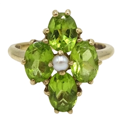  9ct gold peridot and split seed pearl marquise design ring, hallmarked  