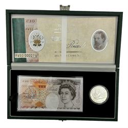 Three The Royal Mint and Bank of England silver proof five pound coin and banknote sets, comprising Kentfield ten pounds 'PW50' with 1998 five pound coin, Kentfield twenty pounds 'YR19' with 2000 five pound coin and Lowther twenty pounds 'YR20' with 2000 five pound coin, all cased with certificate
