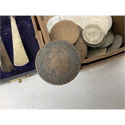 Five silver Coronation spoons by R Bond & Co, hallmarked Sheffield 1934 and 1935, together with another further stamped Nc Co, and 1934 Irish silver Florin, Switzerland 1967 1/2 Franc, Sweden 1875 Krona, 1 Franc etc