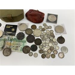Two King George V 1935 rocking horse crowns, 1929 half crown, Queen Victoria 1875 half crown, King George III 1820 shilling, various pre 1947 threepence pieces, King Edward VII India 1907 one rupee and various other coins