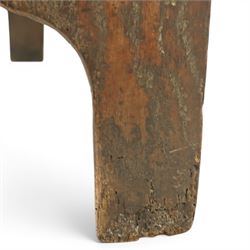 Small 17th century six plank oak coffer, figured top with iron pintle type hinges,  pegged boarded sides, large lock plate with rivets, plank ends continuing down as supports